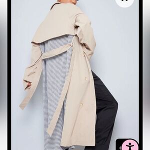 Pretty Little Things Stone Check Print Back Oversized Trench Coat Size 12 Nwt